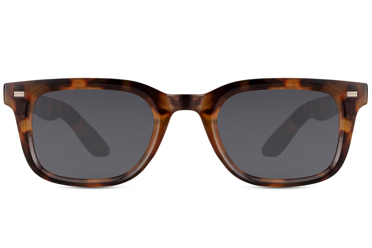 Tortoiseshell rectangular sunglasses with dark grey lenses and thick acetate frame, unisex everyday style