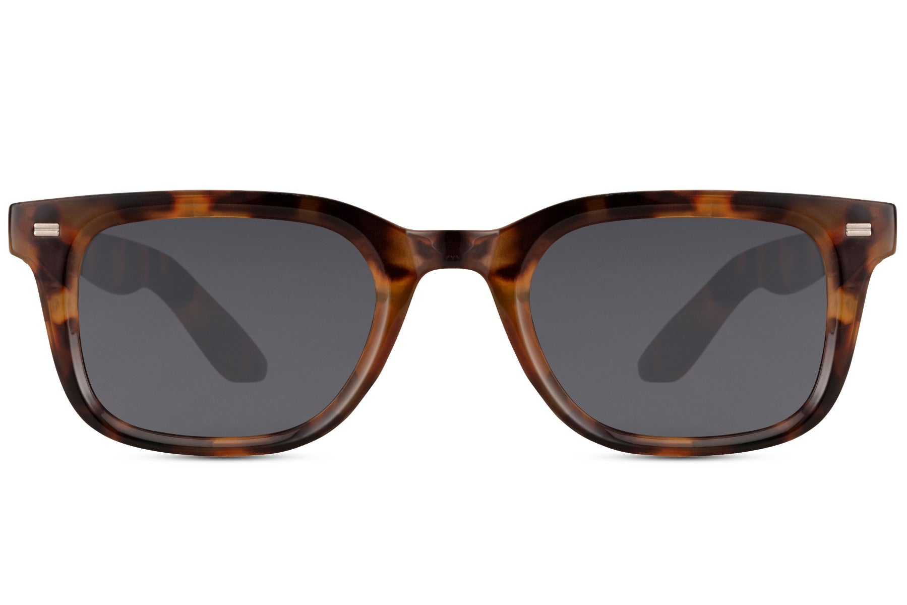 Tortoiseshell rectangular sunglasses with dark grey lenses and thick acetate frame, unisex everyday style