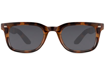 Tortoiseshell rectangular sunglasses with dark grey lenses and thick acetate frame, unisex everyday style