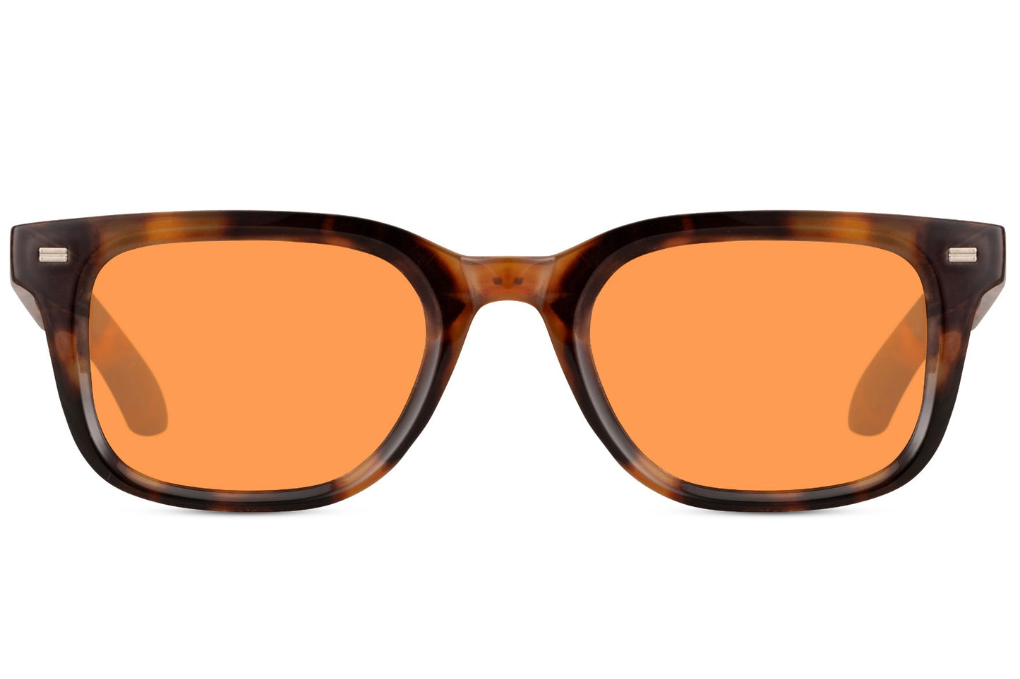 Tortoiseshell rectangular sunglasses with orange tinted lenses and thick acetate frame, UV protection style
