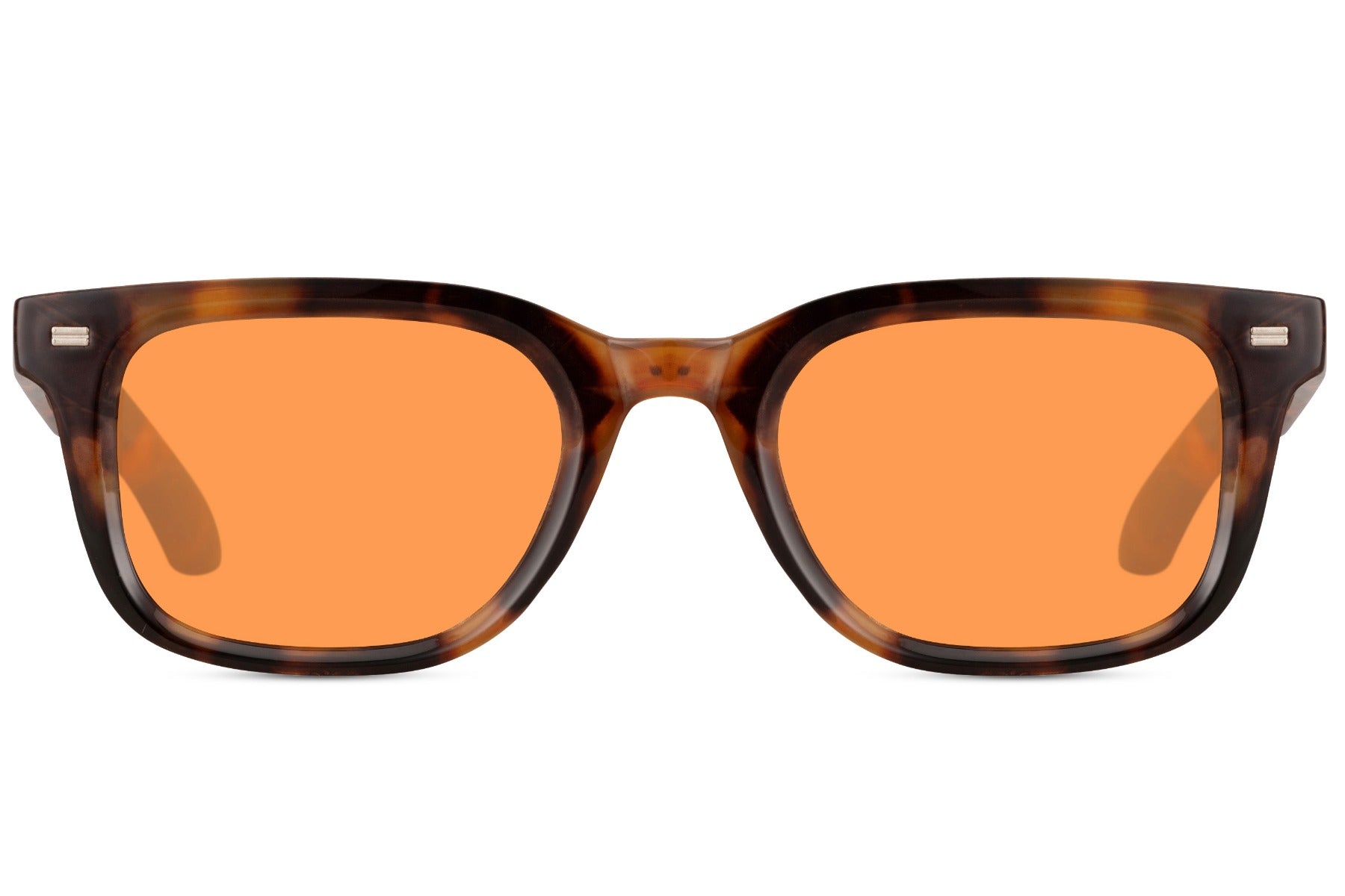 Tortoiseshell rectangular sunglasses with orange tinted lenses and thick acetate frame, UV protection style
