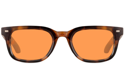 Tortoiseshell rectangular sunglasses with orange tinted lenses and thick acetate frame, UV protection style