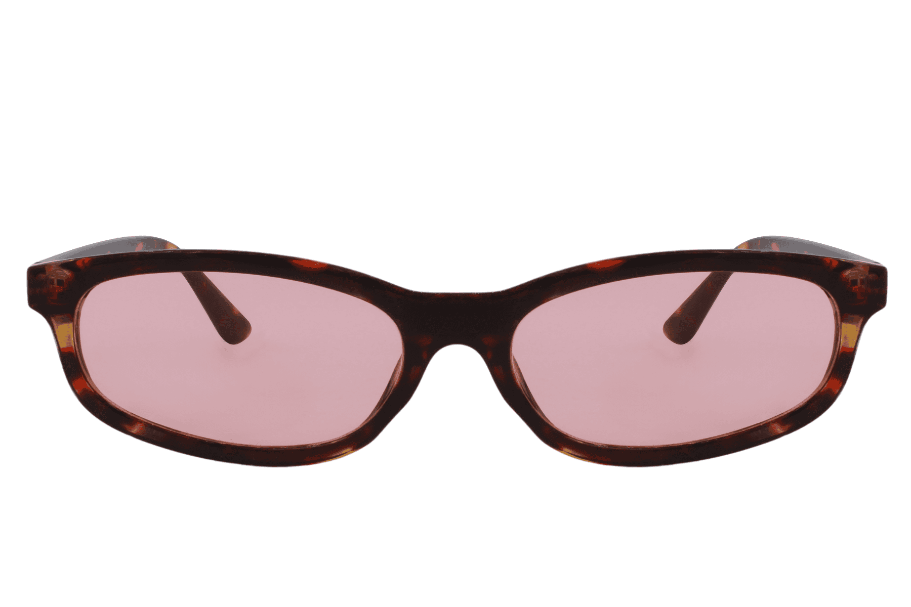 Tortoiseshell rectangle sunglasses with pink tinted lenses and slim frame
