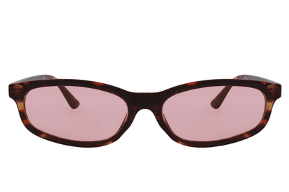 Tortoiseshell rectangle sunglasses with pink tinted lenses and slim frame