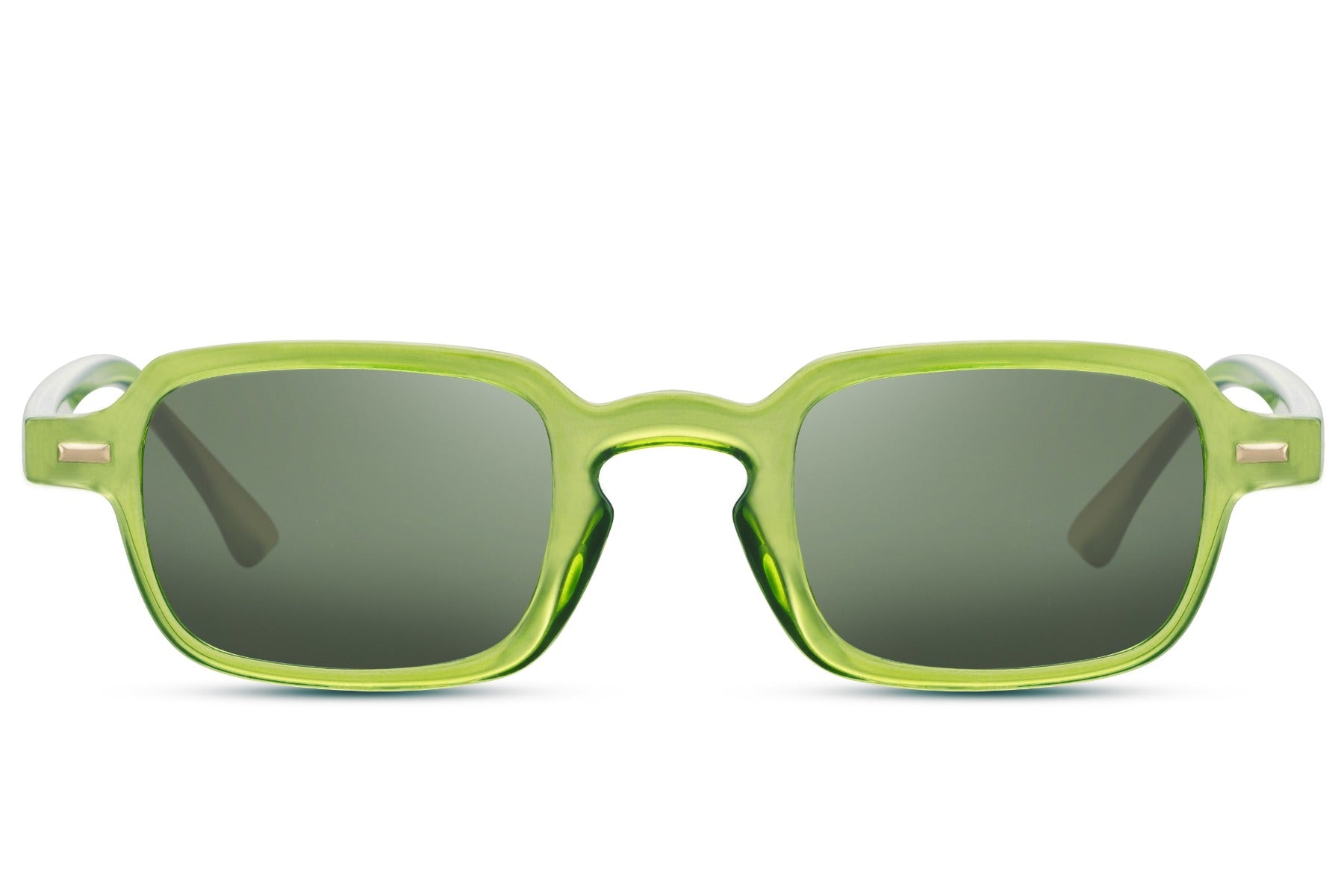 Transparent green rectangular sunglasses with green tinted lenses and bold translucent frame, modern statement style