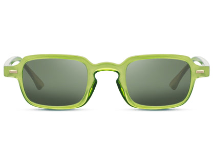 Transparent green rectangular sunglasses with green tinted lenses and bold translucent frame, modern statement style