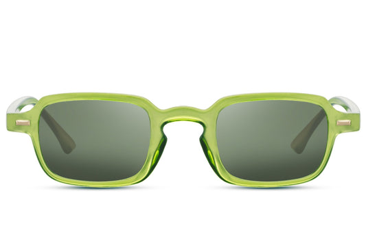 Transparent green rectangular sunglasses with green tinted lenses and bold translucent frame, modern statement style