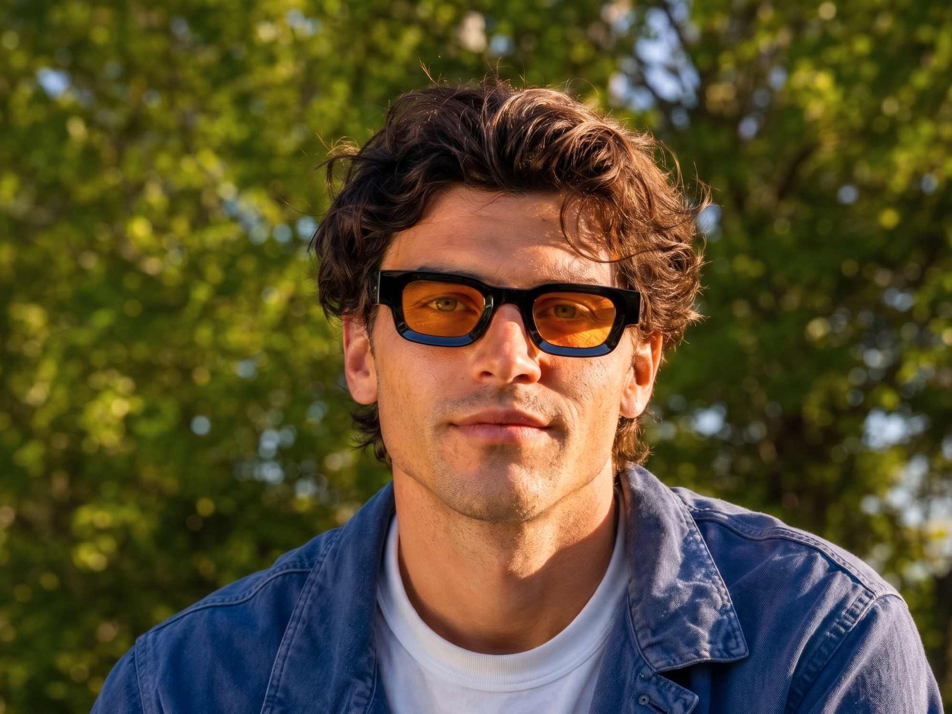 Man wearing yellow sunglasses trendy small square frames