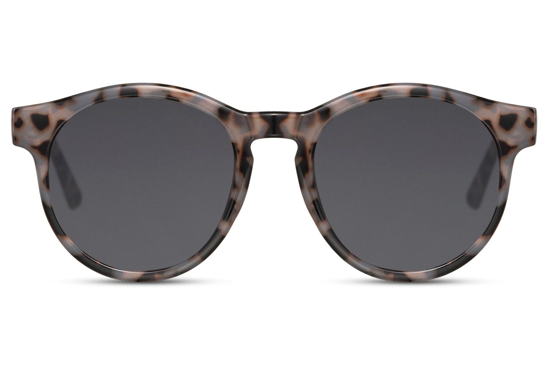 Amsterdam eco round sunglasses brown animal print 100% recycled polyester frame smoke lens UV400 protection men women sustainable retro boho Dutch summer festival city beach free UK Europe shipping Sunglass Station