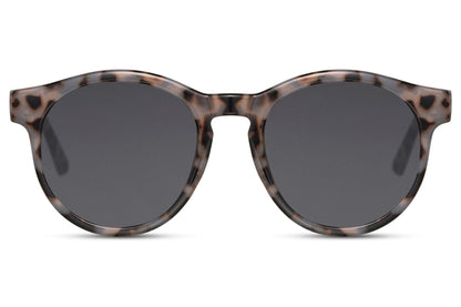 Amsterdam eco round sunglasses brown animal print 100% recycled polyester frame smoke lens UV400 protection men women sustainable retro boho Dutch summer festival city beach free UK Europe shipping Sunglass Station