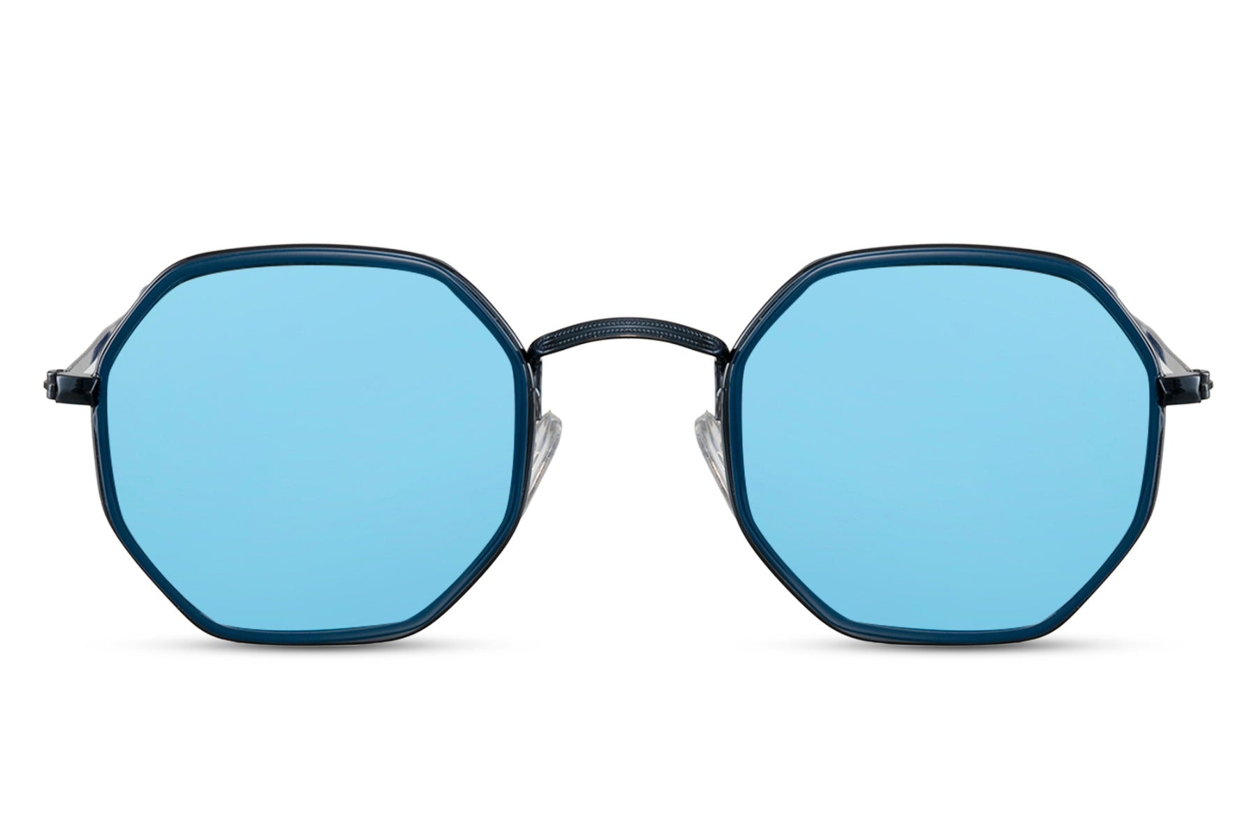 Athens geometric round sunglasses blue metal frame blue tinted lens 100% UV400 protection men women bold summer beach festival eyewear free UK Europe shipping Sunglass Station