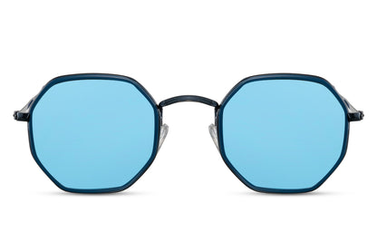 Athens geometric round sunglasses blue metal frame blue tinted lens 100% UV400 protection men women bold summer beach festival eyewear free UK Europe shipping Sunglass Station