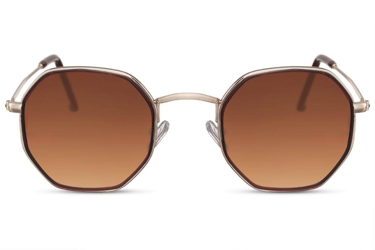 Athens geometric round sunglasses gold metal frame brown lens 100% UV400 protection men women classic retro summer holiday city wear free UK Europe delivery Sunglass Station