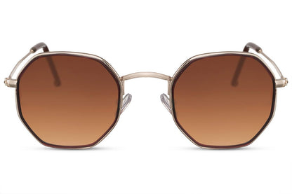 Athens geometric round sunglasses gold metal frame brown lens 100% UV400 protection men women classic retro summer holiday city wear free UK Europe delivery Sunglass Station