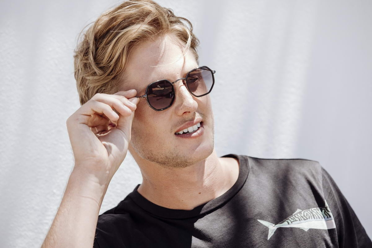 Men wearing Athens geometric round sunglasses metal frame UV400 protection retro Mediterranean inspired summer eyewear festival city beach free UK Europe shipping Sunglass Station