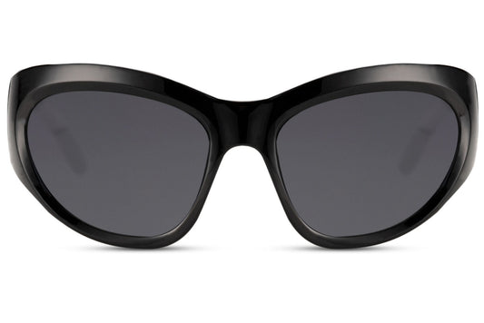 Black avant-garde party sunglasses — sculptural oversized curved cat-eye in polycarbonate, 7cm wide lens with 6cm height, the bold unisex silhouette for men and women who dress like art is the only dress code, UV400
