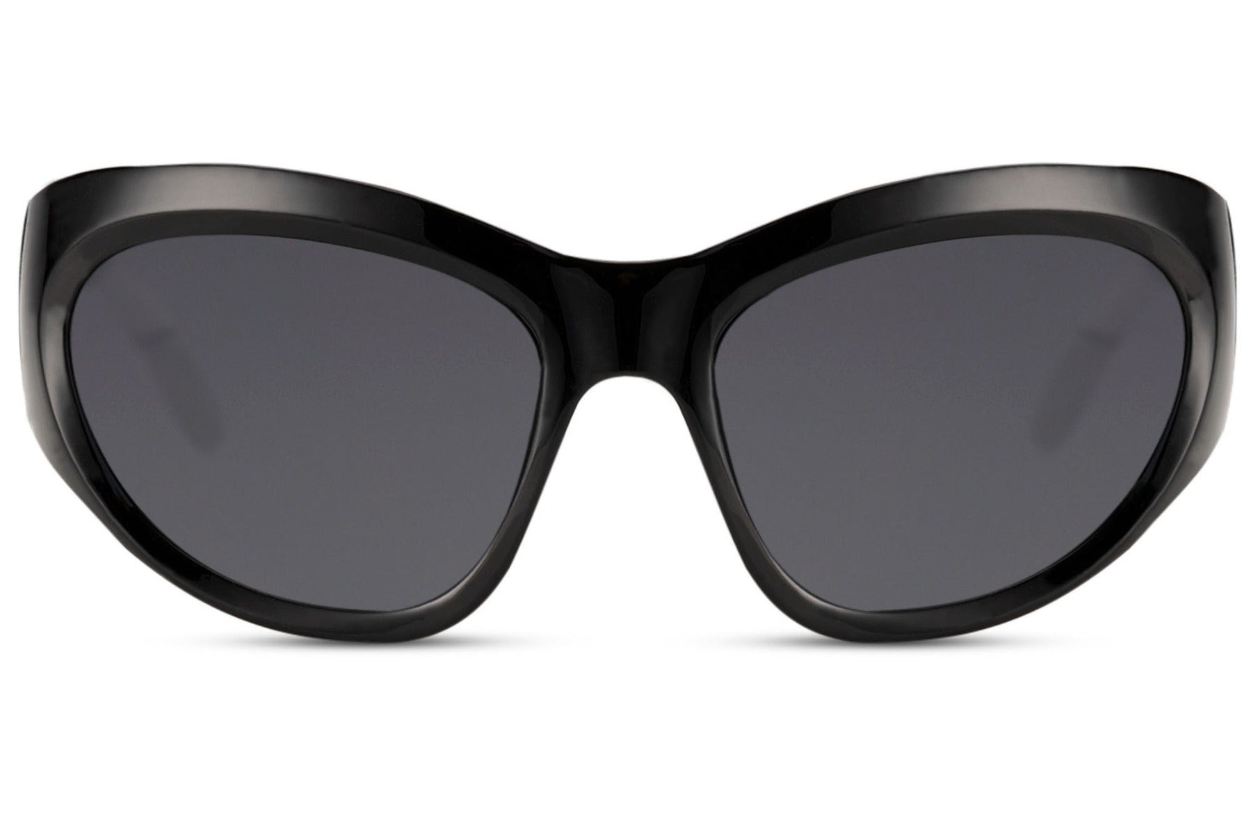 black avant-garde party sunglasses — full 14.5cm frame width shown in curved cat-eye profile, 6cm tall lens coverage in lightweight polycarbonate, UV400 | Sunglass Station
