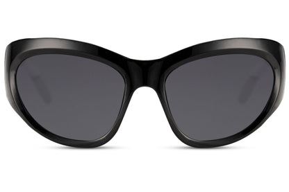 black avant-garde party sunglasses — full 14.5cm frame width shown in curved cat-eye profile, 6cm tall lens coverage in lightweight polycarbonate, UV400 | Sunglass Station