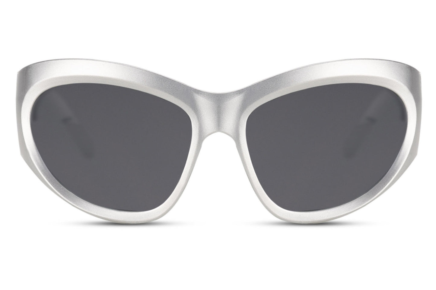 Silver white frame avant-garde party sunglasses with dark lens — the sculptural oversized cat-eye in its most minimal colourway, bold unisex eyewear for men and women who understand that restraint is its own form of maximalism, free delivery UK & Europe
