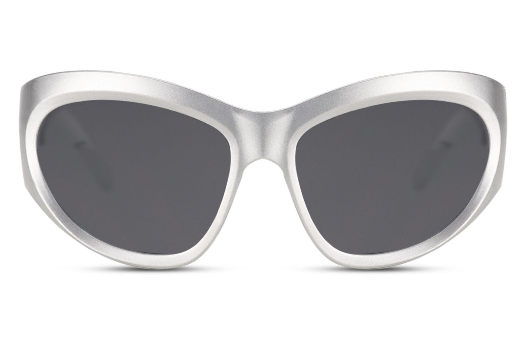 Silver white frame avant-garde party sunglasses with dark lens — the sculptural oversized cat-eye in its most minimal colourway, bold unisex eyewear for men and women who understand that restraint is its own form of maximalism, free delivery UK & Europe
