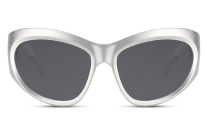 Silver white frame avant-garde party sunglasses with dark lens — the sculptural oversized cat-eye in its most minimal colourway, bold unisex eyewear for men and women who understand that restraint is its own form of maximalism, free delivery UK & Europe

