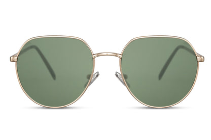 Barcelona geometric round sunglasses gold silver metal frame green olive 100% recycled lens UV400 protection men women sustainable Spanish Mediterranean retro summer city beach festival free UK Europe delivery Sunglass Station