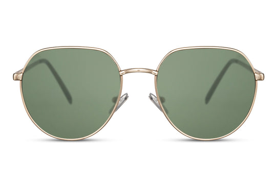 Barcelona geometric round sunglasses gold silver metal frame green olive 100% recycled lens UV400 protection men women sustainable Spanish Mediterranean retro summer city beach festival free UK Europe delivery Sunglass Station