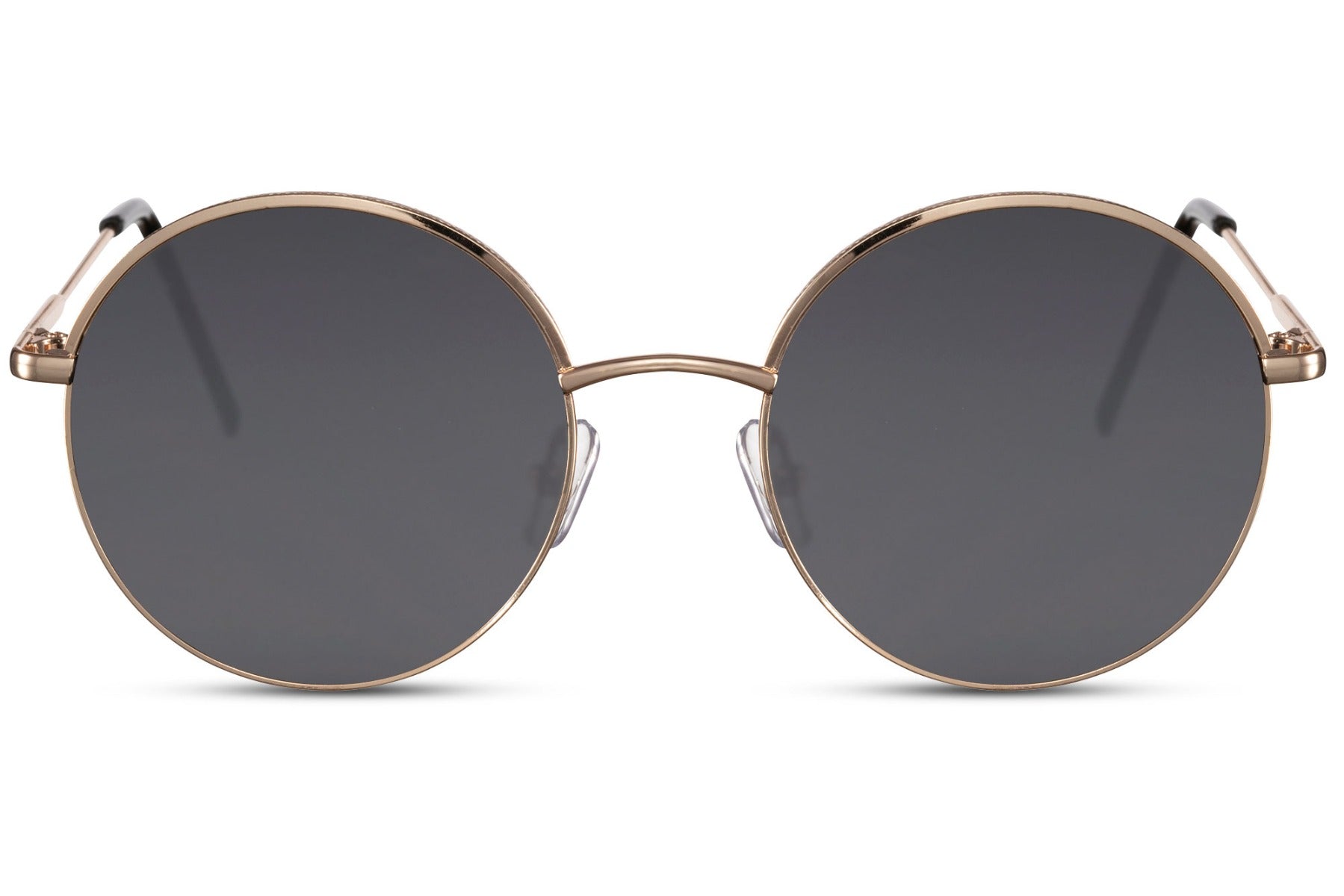 Barcelona round sunglasses gold metal frame black smoke 100% recycled lens UV400 protection men women sustainable Spanish inspired retro elegant summer city beach festival free UK Europe delivery Sunglass Station