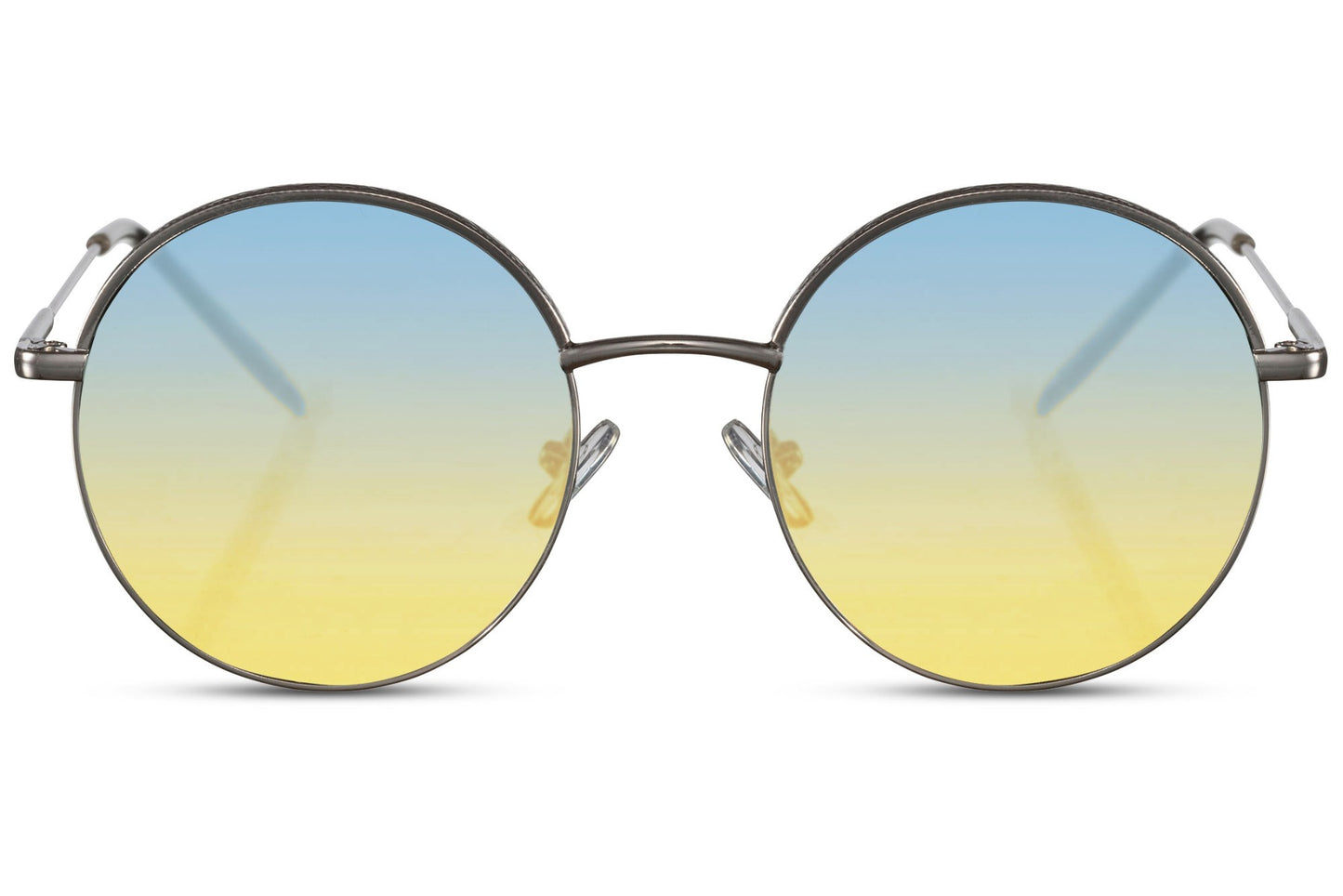 Barcelona round sunglasses silver metal frame yellow blue gradient 100% recycled lens UV400 protection men women bold statement sustainable Spanish summer festival beach city eyewear free UK Europe delivery Sunglass Station