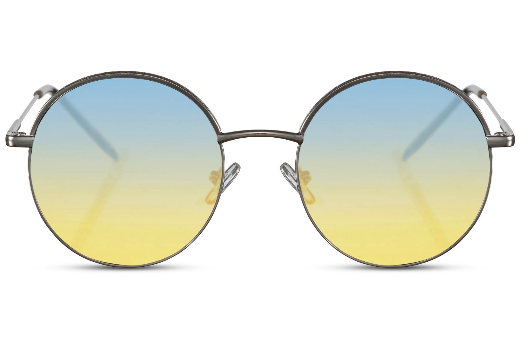Barcelona round sunglasses silver metal frame yellow blue gradient 100% recycled lens UV400 protection men women bold statement sustainable Spanish summer festival beach city eyewear free UK Europe delivery Sunglass Station