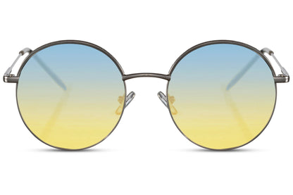 Barcelona round sunglasses silver metal frame yellow blue gradient 100% recycled lens UV400 protection men women bold statement sustainable Spanish summer festival beach city eyewear free UK Europe delivery Sunglass Station