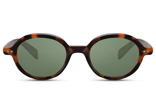 Berlin sleek round sunglasses dark tortoiseshell polycarbonate frame green lens UV400 protection men women sleek retro Berlin street style summer city beach festival free UK Europe delivery Sunglass Station