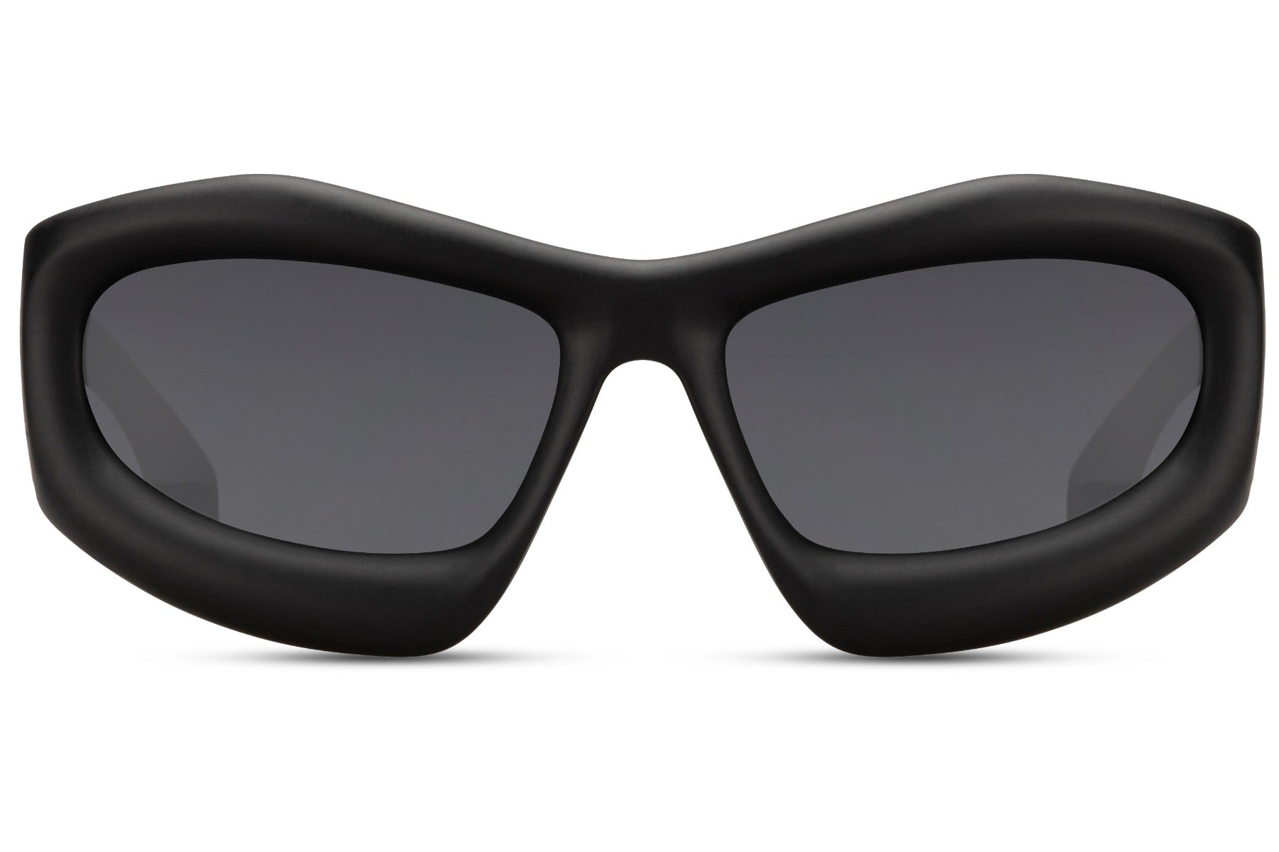 Black biomorphic design party sunglasses — organically sculpted wraparound frame in polycarbonate, 7.3cm wide lens with 15.5cm frame coverage, the boldest silhouette in the collection for men and women who dress without compromise, UV400