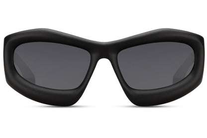 Black biomorphic design party sunglasses — organically sculpted wraparound frame in polycarbonate, 7.3cm wide lens with 15.5cm frame coverage, the boldest silhouette in the collection for men and women who dress without compromise, UV400