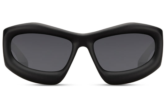 Black biomorphic design party sunglasses — organically sculpted wraparound frame in polycarbonate, 7.3cm wide lens with 15.5cm frame coverage, the boldest silhouette in the collection for men and women who dress without compromise, UV400