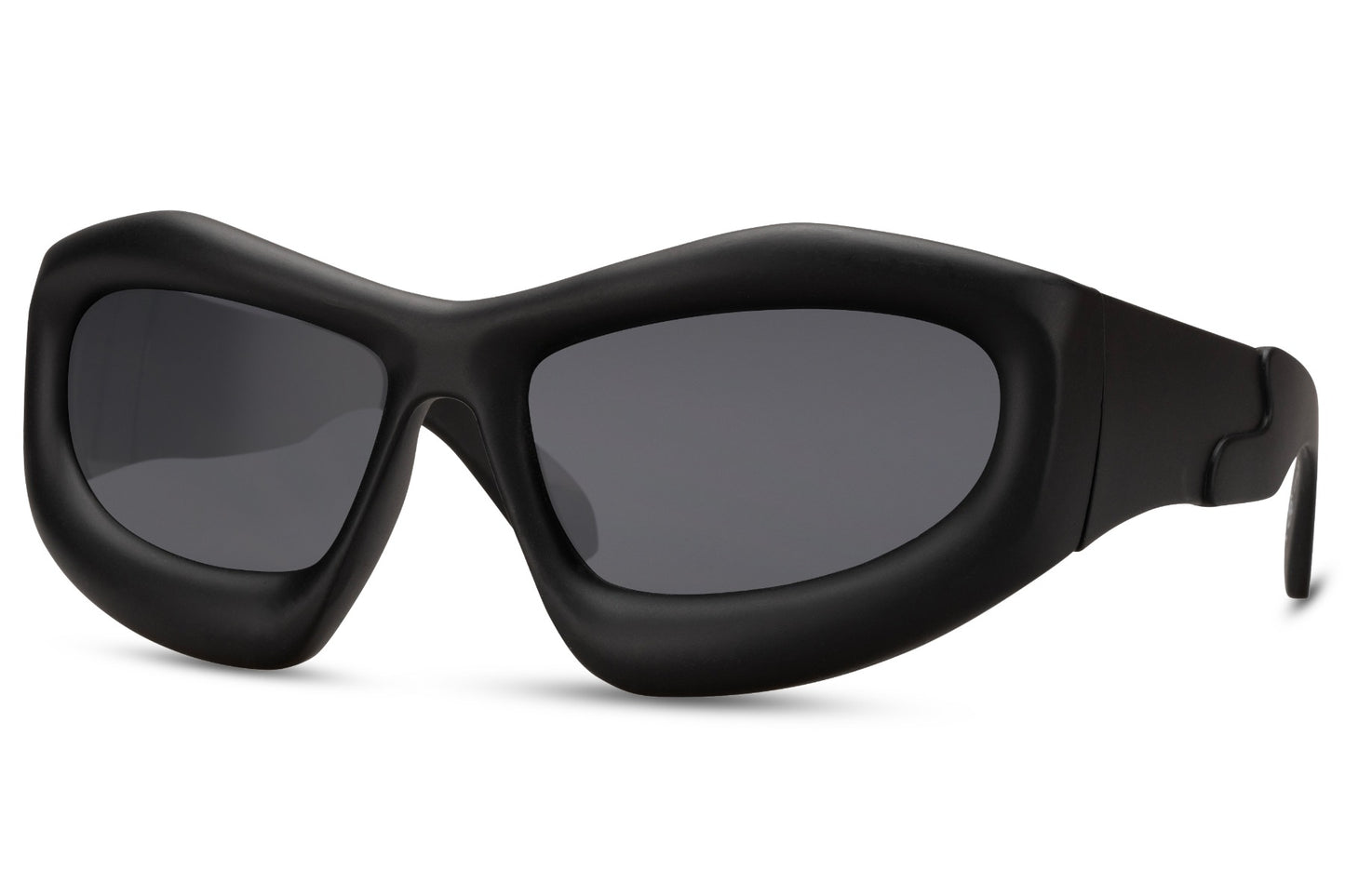 black biomorphic party sunglasses — fluid organic geometry meets maximum lens coverage, the wraparound silhouette that reads Balenciaga runway and festival field with equal authority | Sunglass Station