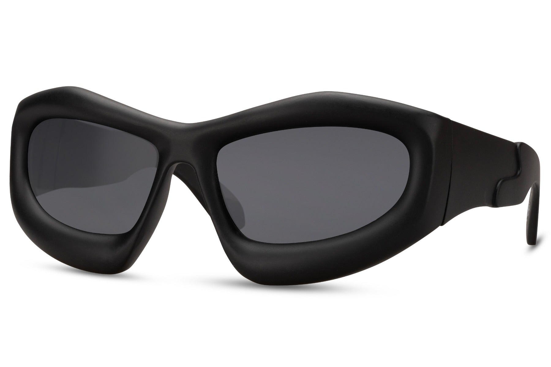 black biomorphic party sunglasses — fluid organic geometry meets maximum lens coverage, the wraparound silhouette that reads Balenciaga runway and festival field with equal authority | Sunglass Station