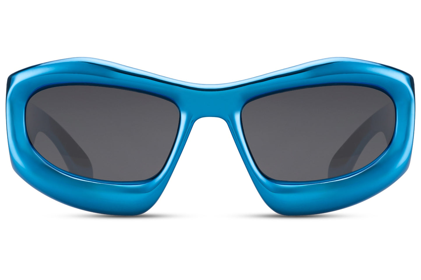 Blue frame biomorphic party sunglasses with dark lens — chromatic sculptural wrap for men and women, the electric blue colourway that carries the Berlin techno aesthetic into its most architecturally ambitious form, free delivery UK & Europe