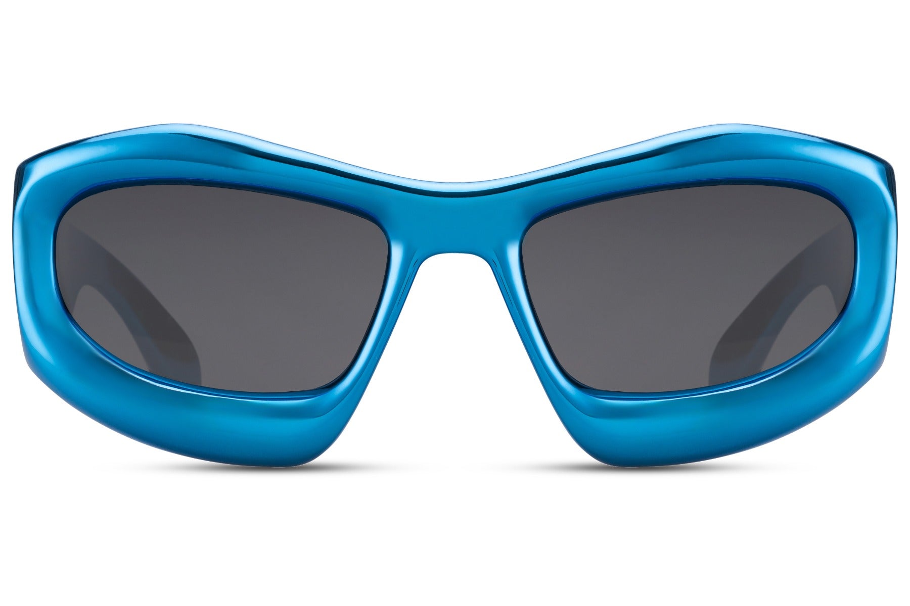 Blue frame biomorphic party sunglasses with dark lens — chromatic sculptural wrap for men and women, the electric blue colourway that carries the Berlin techno aesthetic into its most architecturally ambitious form, free delivery UK & Europe