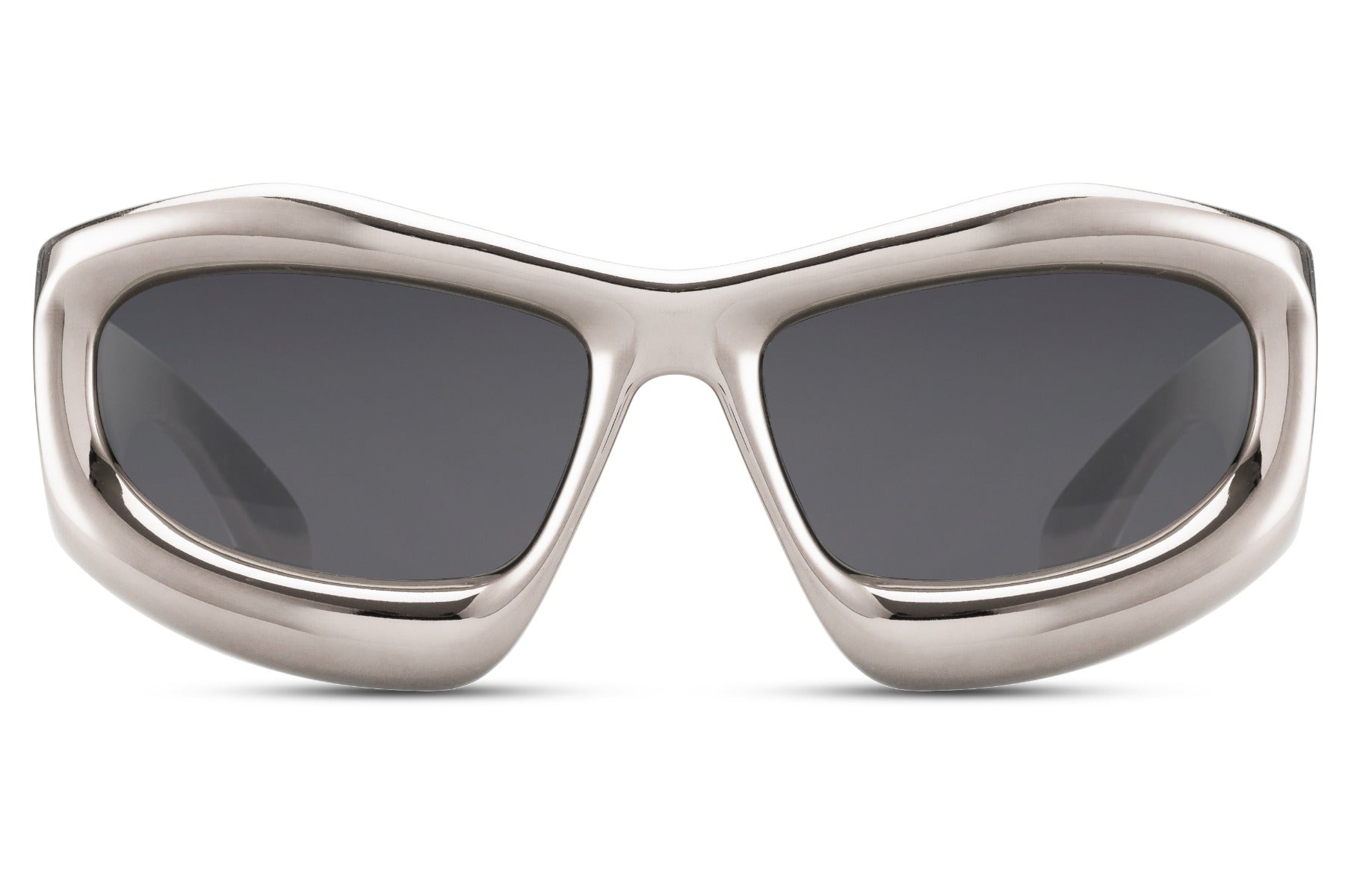 Silver clear frame biomorphic party sunglasses with dark lens — futuristic organic geometry for men and women, the transparent frame colourway that bridges Y2K nostalgia and 2026 avant-garde street style | Sunglass Station