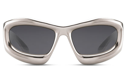 Silver clear frame biomorphic party sunglasses with dark lens — futuristic organic geometry for men and women, the transparent frame colourway that bridges Y2K nostalgia and 2026 avant-garde street style | Sunglass Station