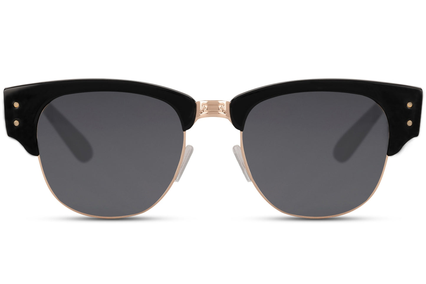 A pair of Clubmaster sunglasses with a metal frame and polycarbonate lenses, featuring a clubmaster style