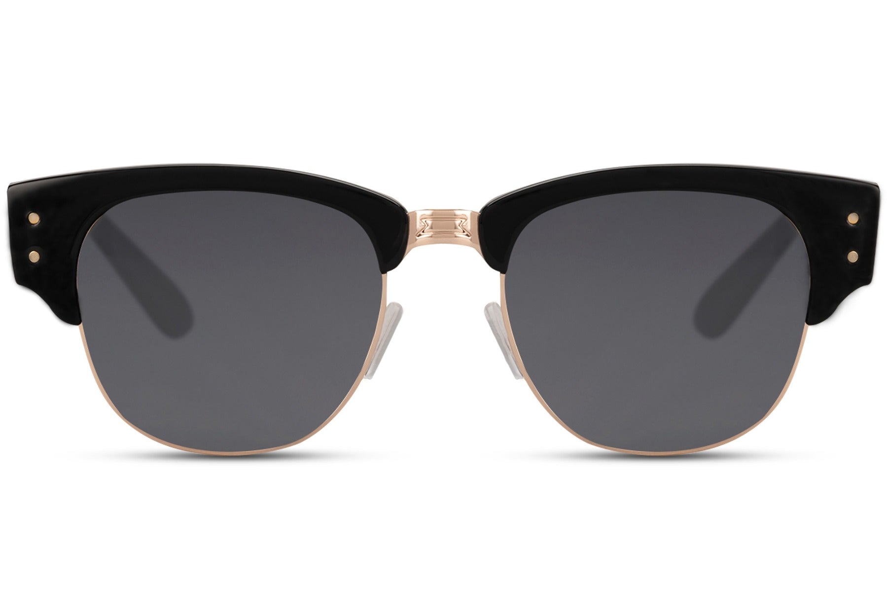 A pair of Clubmaster sunglasses with a metal frame and polycarbonate lenses, featuring a clubmaster style