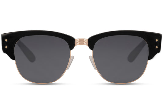 A pair of Clubmaster sunglasses with a metal frame and polycarbonate lenses, featuring a clubmaster style