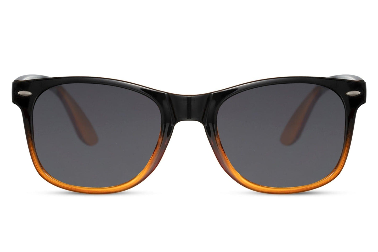 A pair of mirrored Wayfarer sunglasses with a black frame and green lenses.