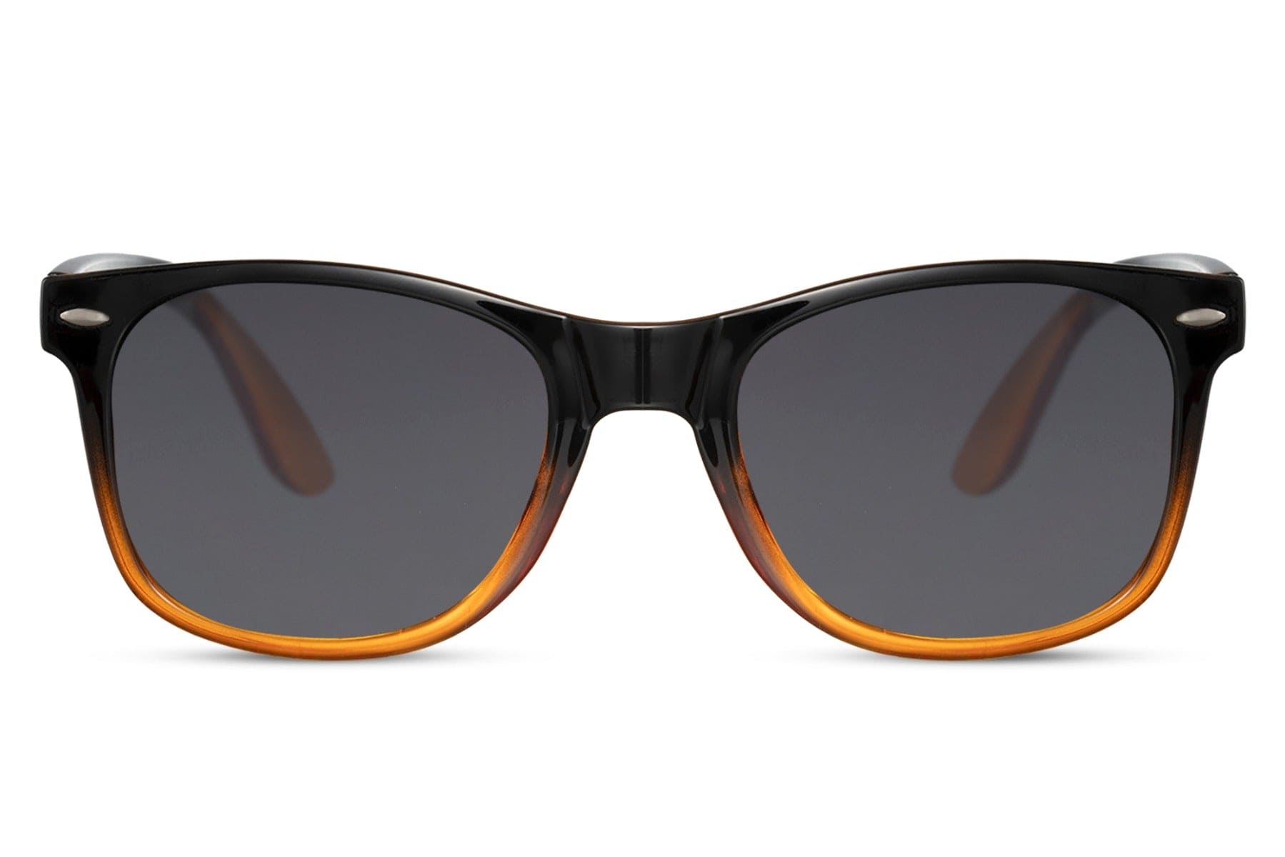 A pair of mirrored Wayfarer sunglasses with a black frame and green lenses.