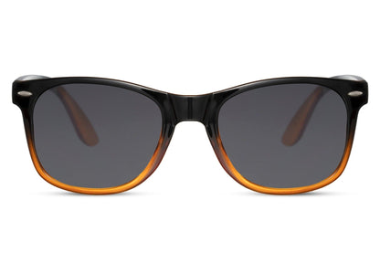 A pair of mirrored Wayfarer sunglasses with a black frame and green lenses.