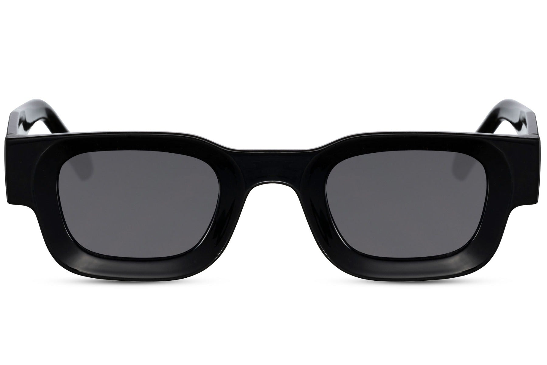 Black rectangle new wave sunglasses with black frame and dark smoke UV100 protection lens – sharp minimalist retro rectangle shades for everyday city wear and going out, Sunglass Station free UK and Europe shipping