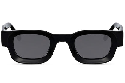 Black rectangle new wave sunglasses with black frame and smoke grey UV100 protection lens – chunky minimalist retro rectangle shades for city street style and everyday wear, Sunglass Station free UK and Europe shipping
