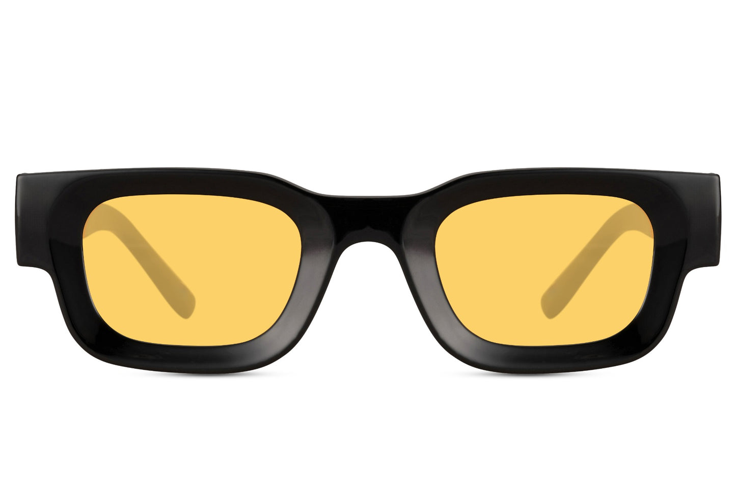 Black rectangle new wave sunglasses with black frame and yellow UV100 protection lens – statement retro rectangle shades for festivals and going out, free delivery across UK and Europe from Sunglass Station